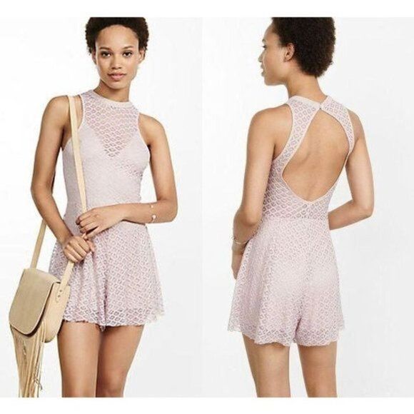 Express Blush Pink Lace Open Back Romper - Picture 1 of 9